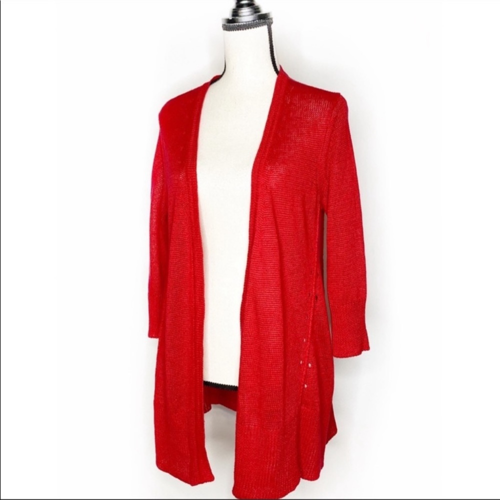 J.JILL Red Linen 3/4 Sleeve Open Cardigan Size S